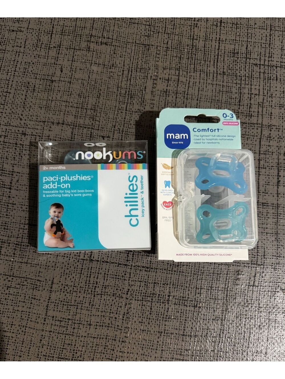 NEW MAM Comfort 0-3M Pacifier 2-Pack + Nookums Chillies Teether Bundle Blue